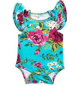 Teal Floral Print Flutter Bodysuit With Snaps!